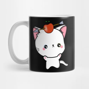 Funny Angora cat is playing william tell with an apple and arrow Mug